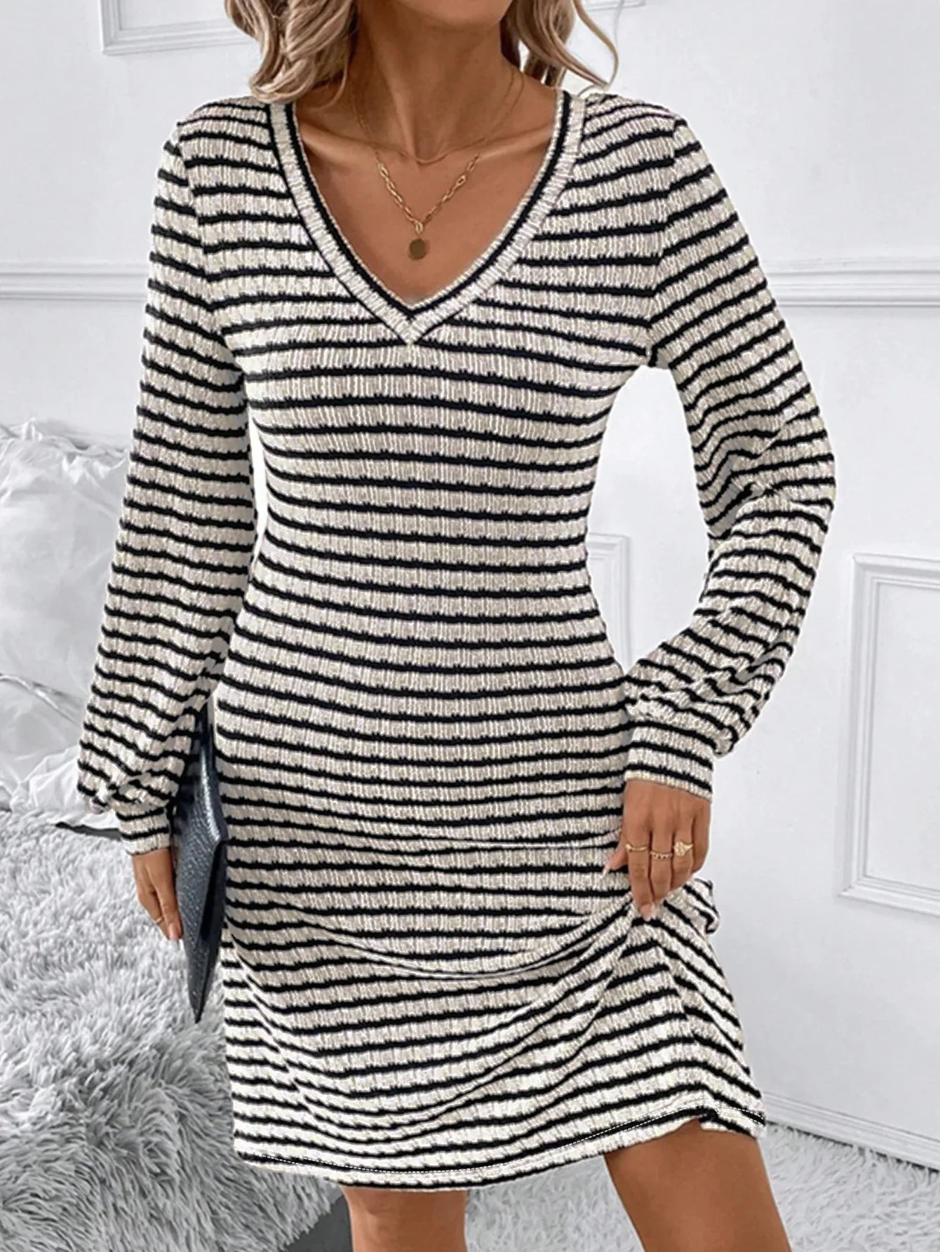 Women's Striped Knit V - Neck Dress