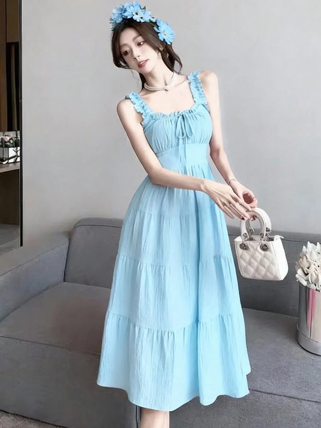 Light Blue Ruched Square Neck Pleated Midi Dress with Tiered Skirt
