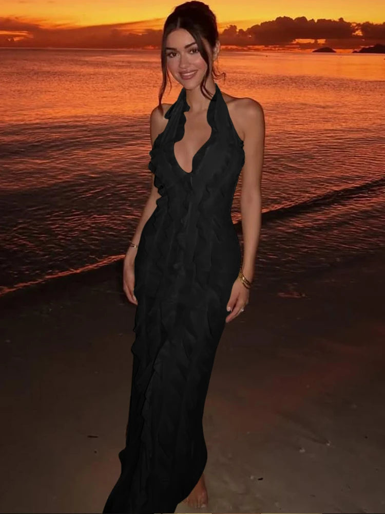 Women Solid Mesh Tassel Patchwork Halter Dress