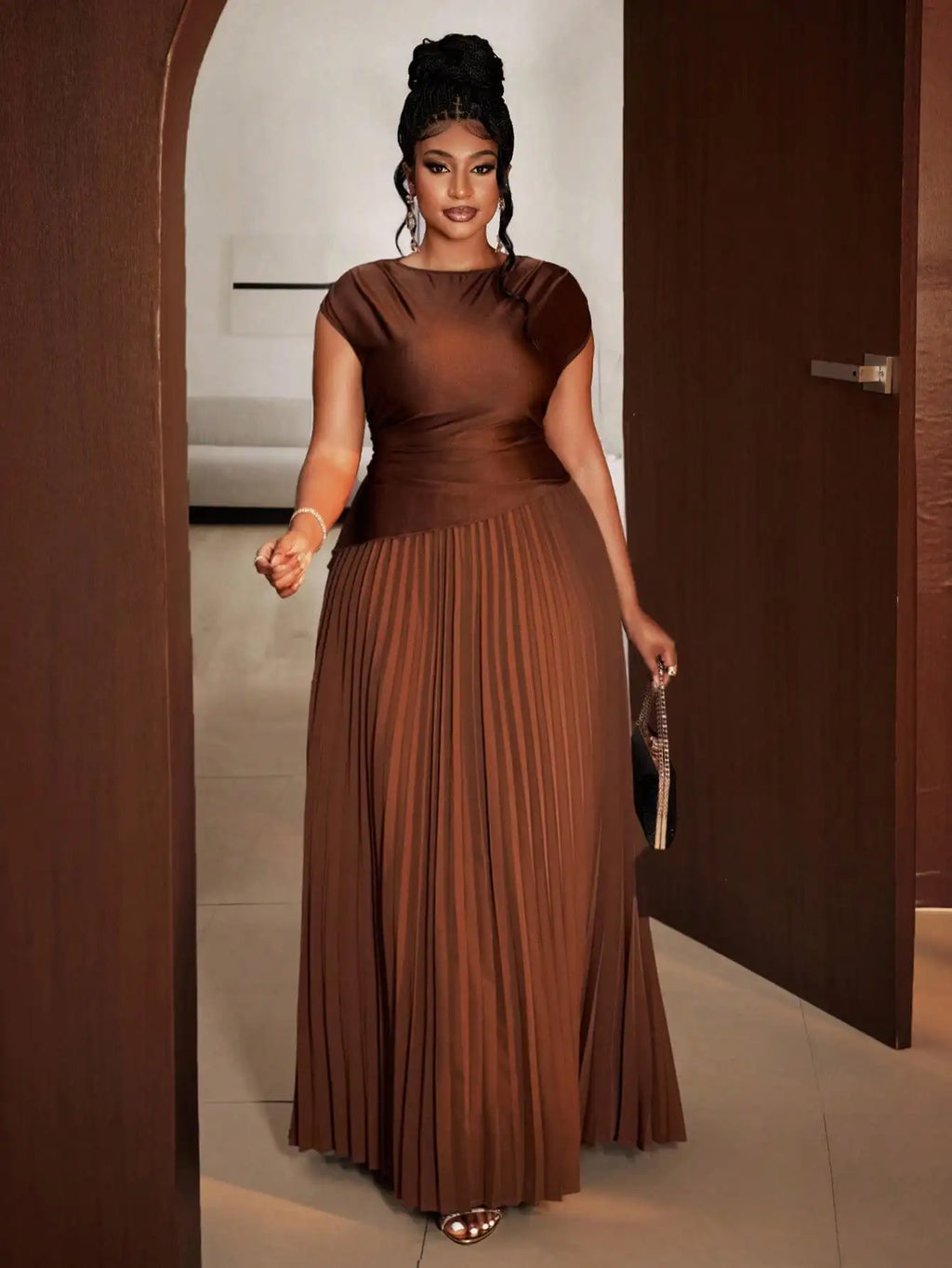 Plus Size Elegant Brown Pleated Maxi Dress