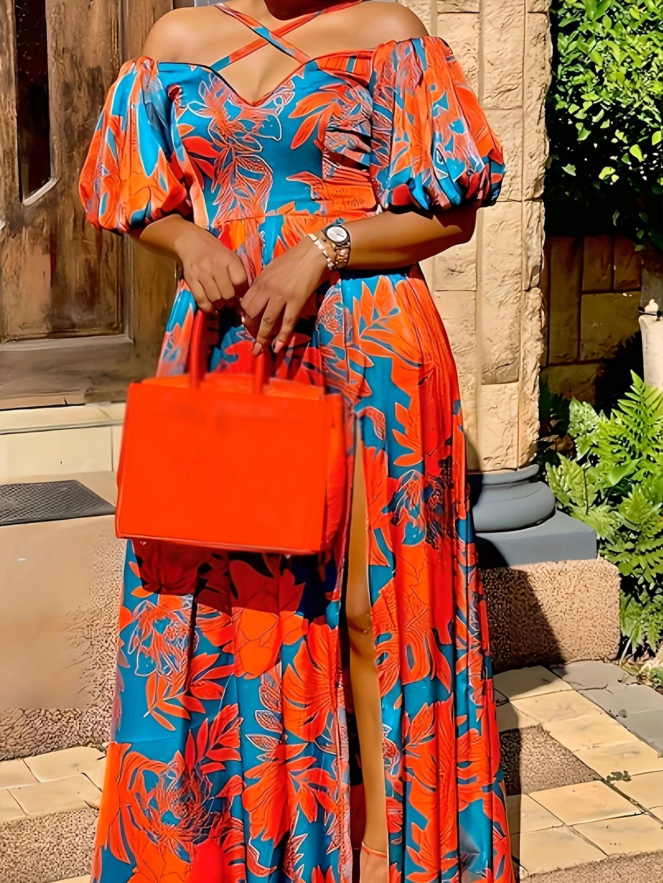 Women's Floral Maxi Dress with Halter Neck and Slit Short Sleeves