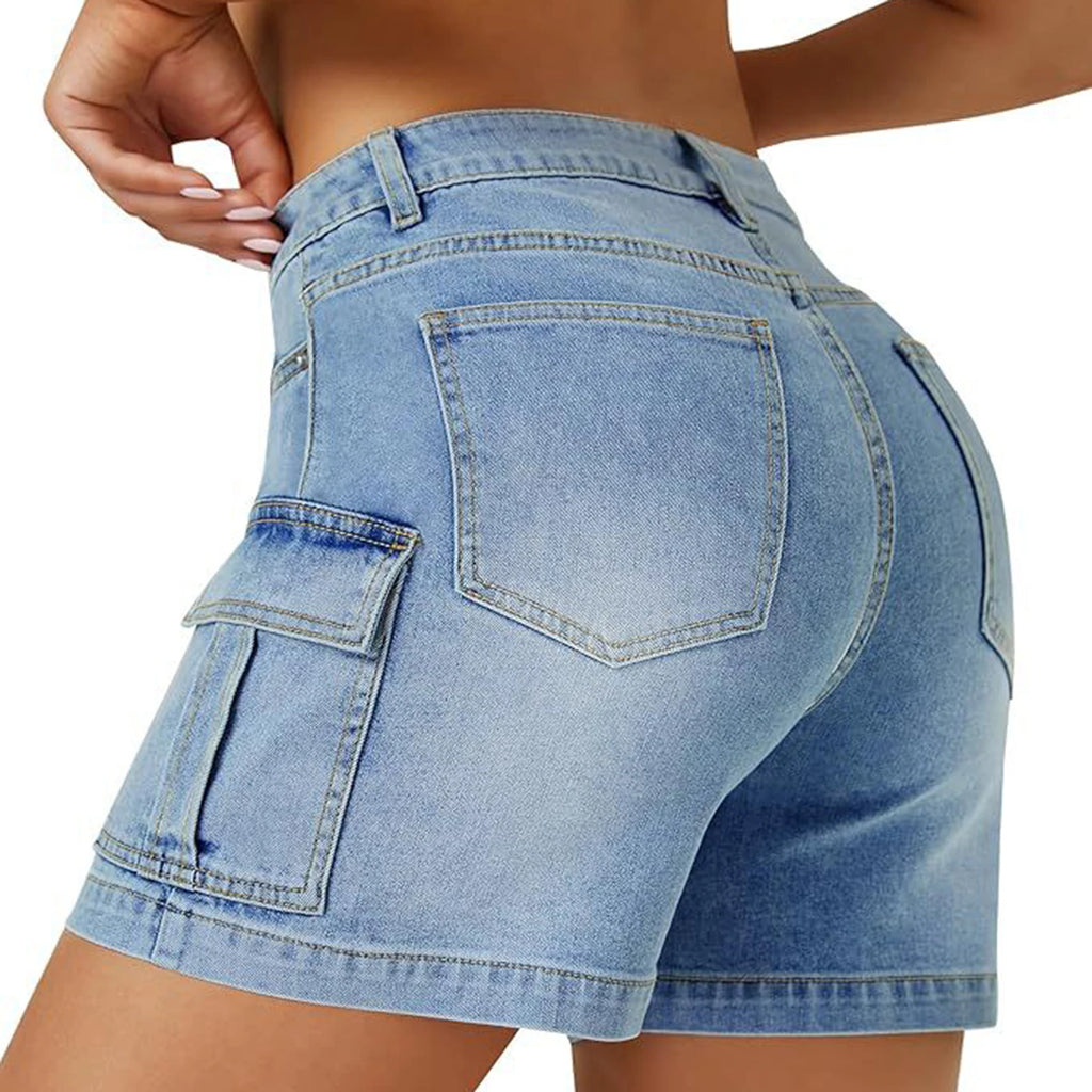 Solid Color Women's  Slim Cargo Denim Shorts