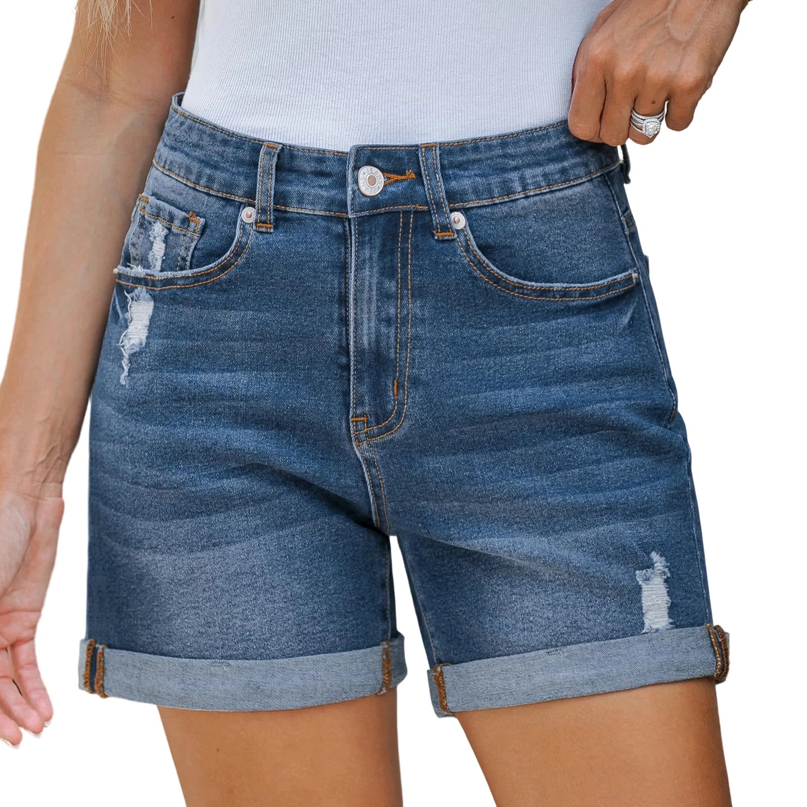 Medium Stretch Ripped Denim Shorts For Women Summer High Waist Rolled Hem Jeans Bottoms Daily Casual Soft Stretchy Ladies Pants