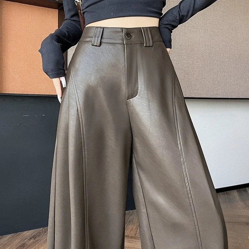 High Waist Vintage PU Leather Wide Leg Pants