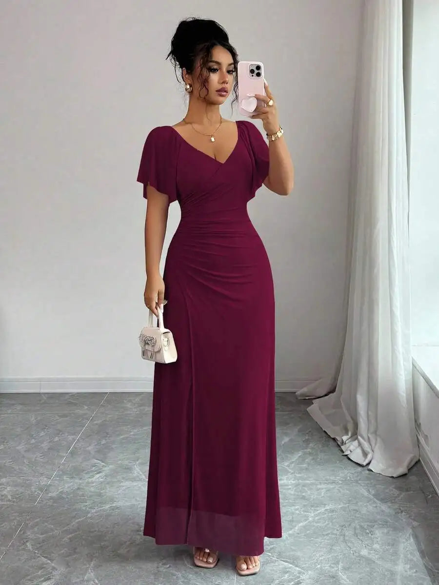Light Purple V-Neck Ruffle Sleeve Pleated A-Line Split Maxi Dress