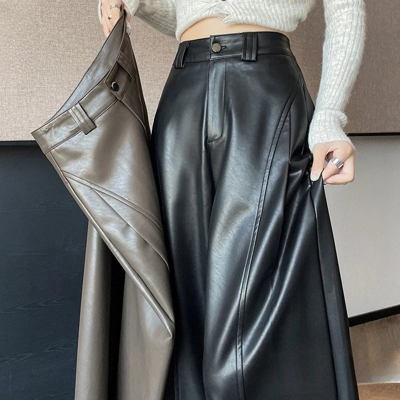 High Waist Vintage PU Leather Wide Leg Pants