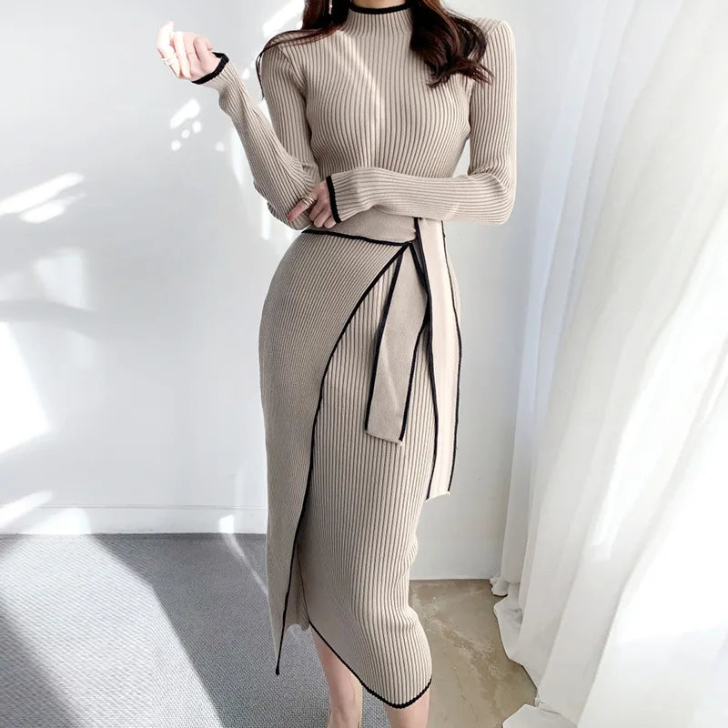 Elegant Lace Up Turtleneck Knitted Long Dress
