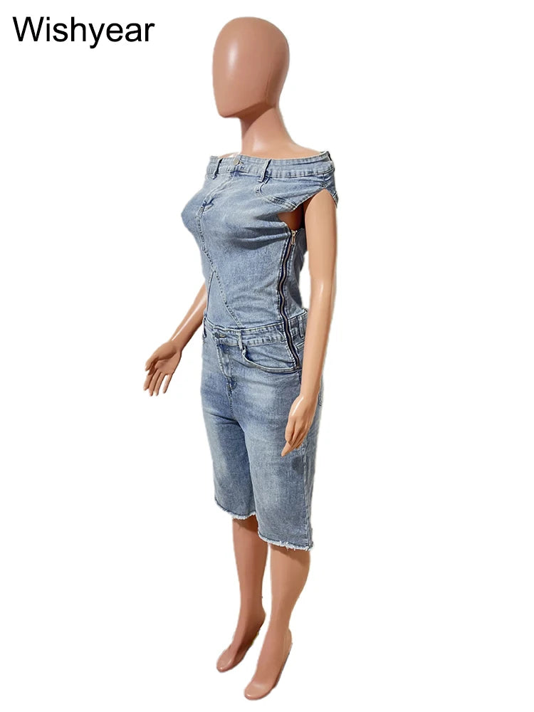 Women's Off-Shoulder Blue Denim Jumpsuit Slash Neck