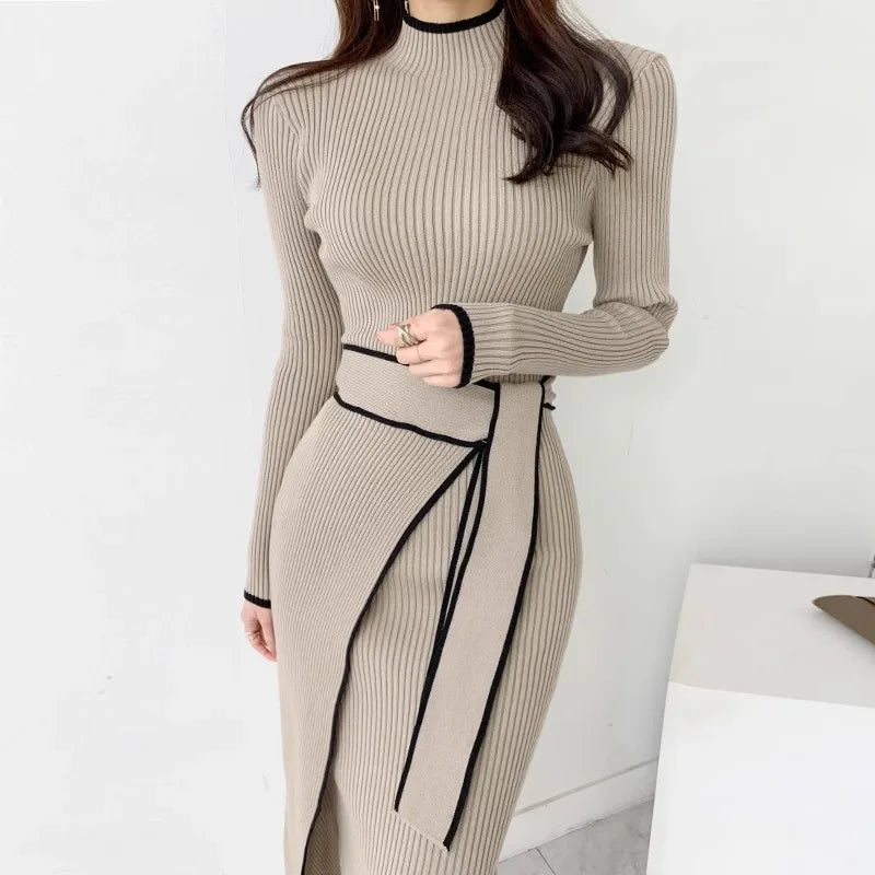 Elegant Lace Up Turtleneck Knitted Long Dress