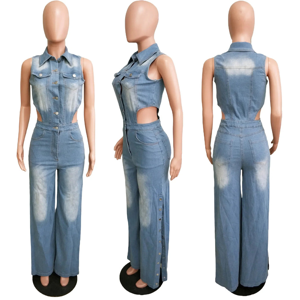 Denim Jumpsuit One Piece Sleeveless Slim Fit
