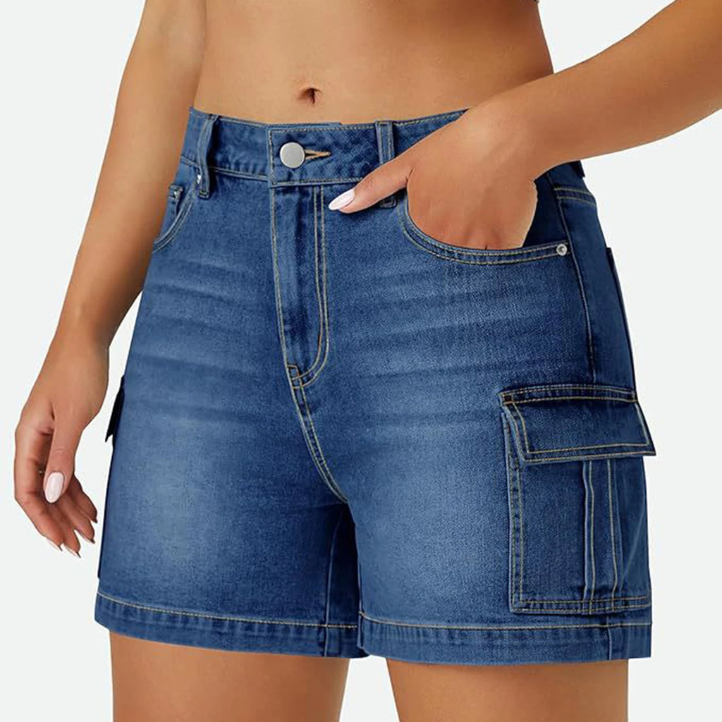Solid Color Women's  Slim Cargo Denim Shorts