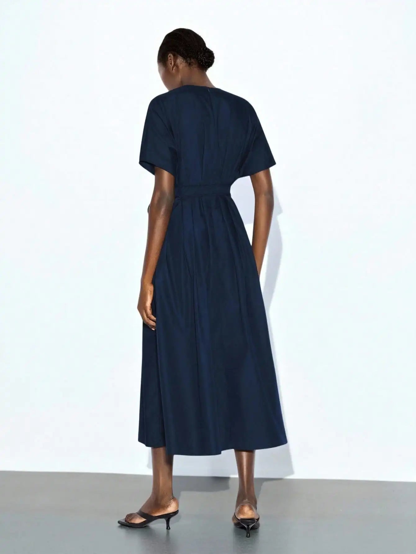 Navy Blue Deep V-Neck Puff Sleeve Wrap Dress with Cinched Waist