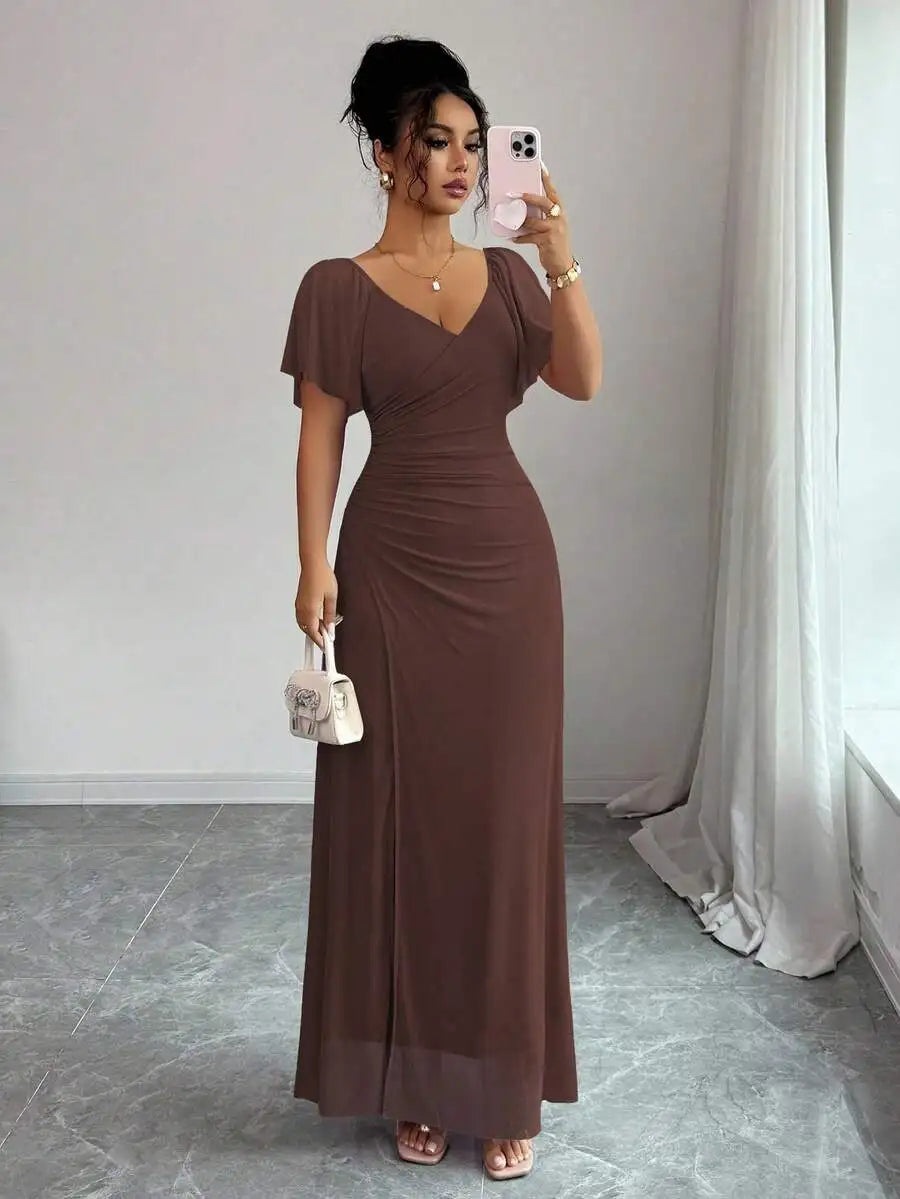 Light Purple V-Neck Ruffle Sleeve Pleated A-Line Split Maxi Dress