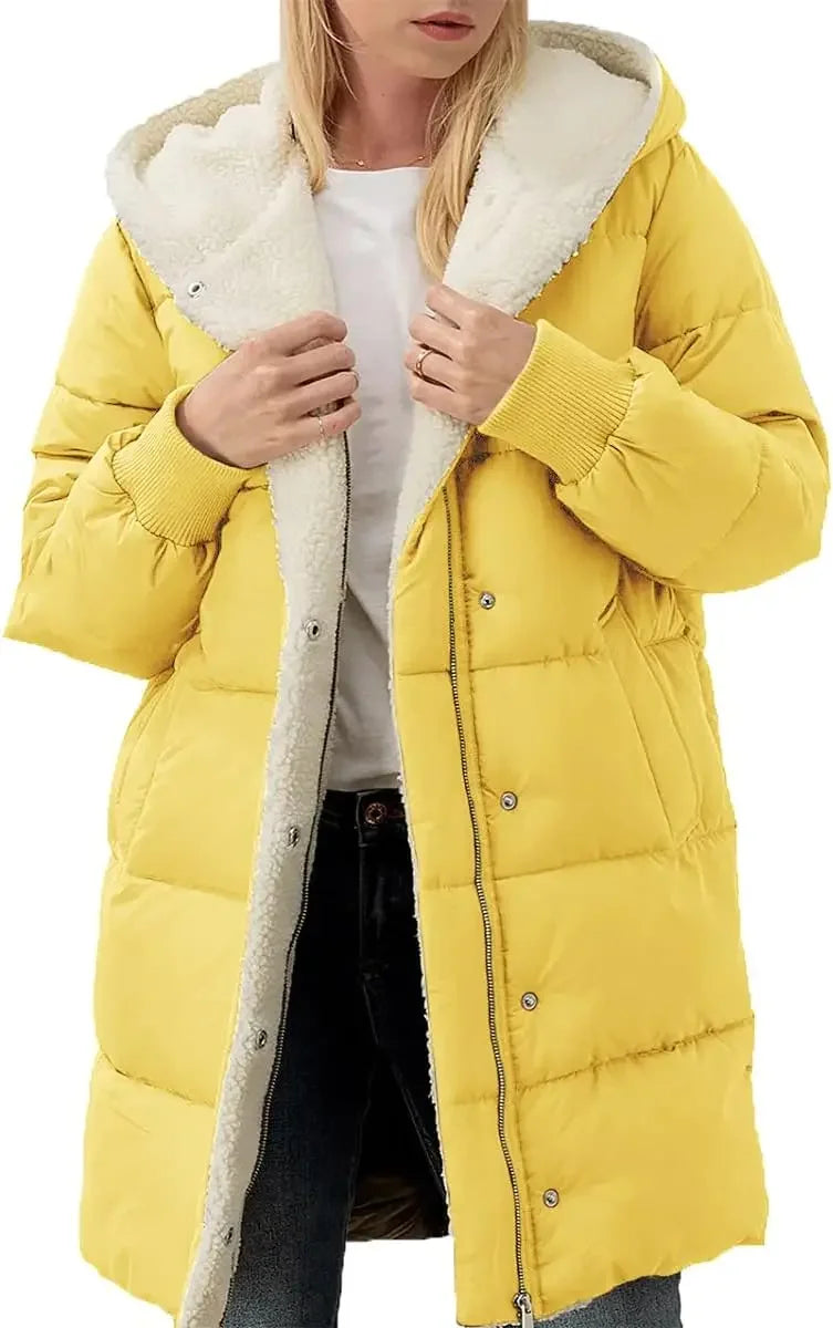Womens Winter Warm Hooded Puffer Jacket Sherpa Fleece Lined Long Hooded Puffer Jacket