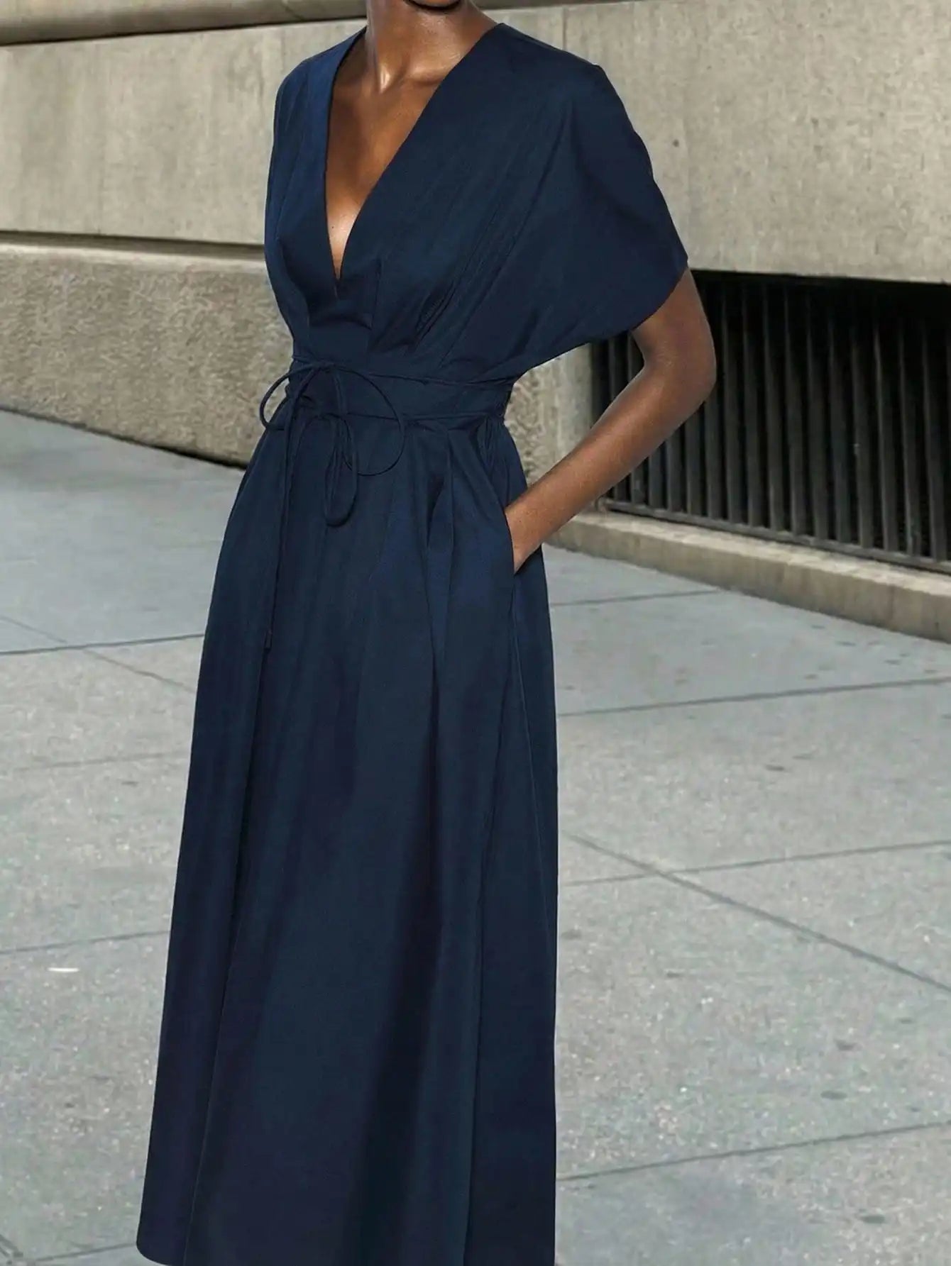 Navy Blue Deep V-Neck Puff Sleeve Wrap Dress with Cinched Waist