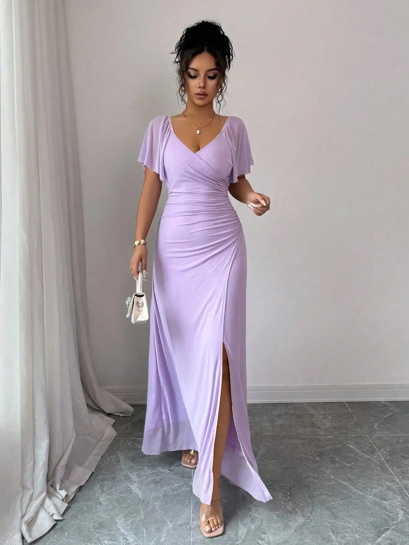Light Purple V-Neck Ruffle Sleeve Pleated A-Line Split Maxi Dress