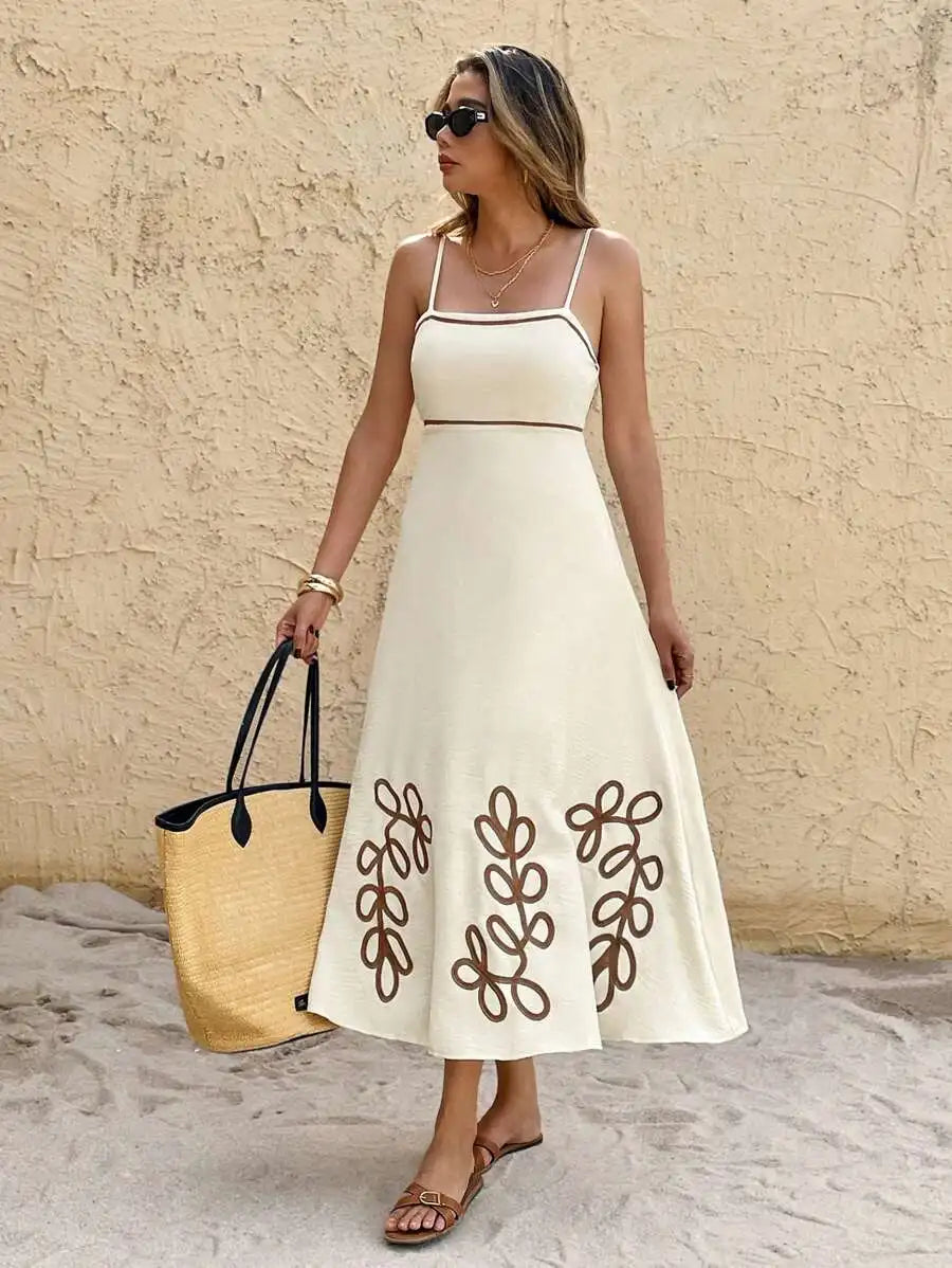 Cream Embroidered Leaf Pattern Spaghetti Strap Midi Dress