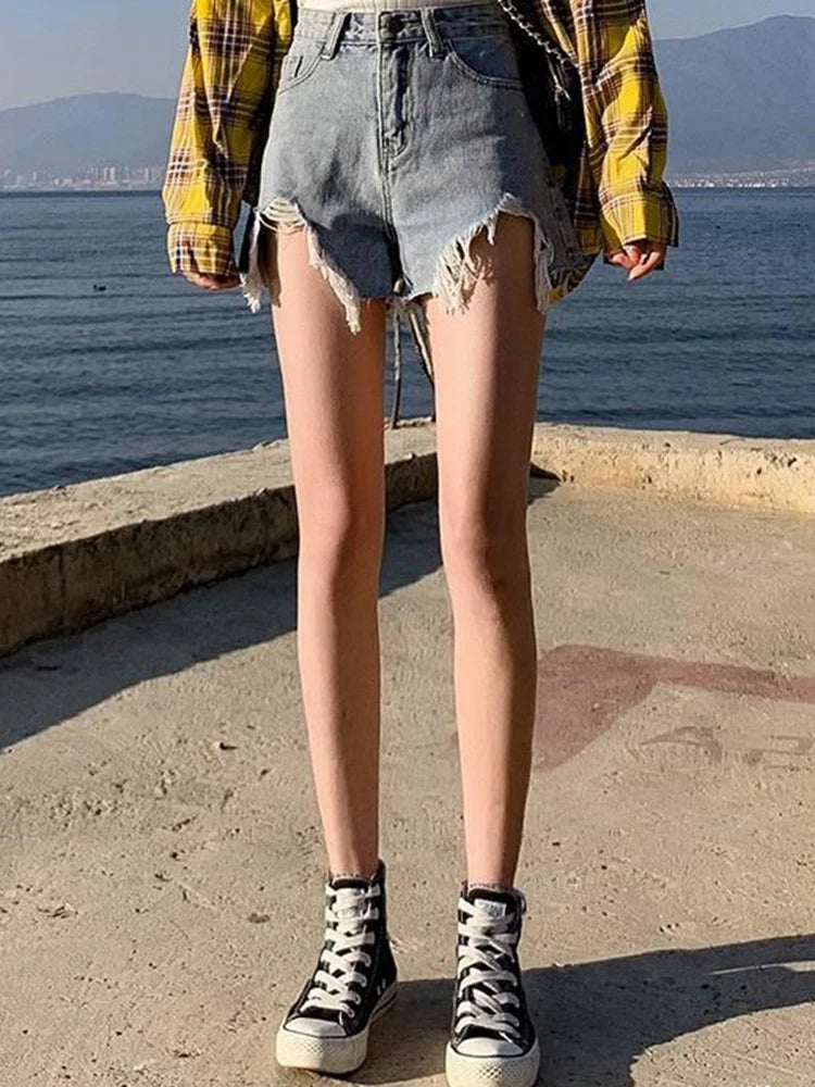Summer Women Denim Shorts Ripped Edge