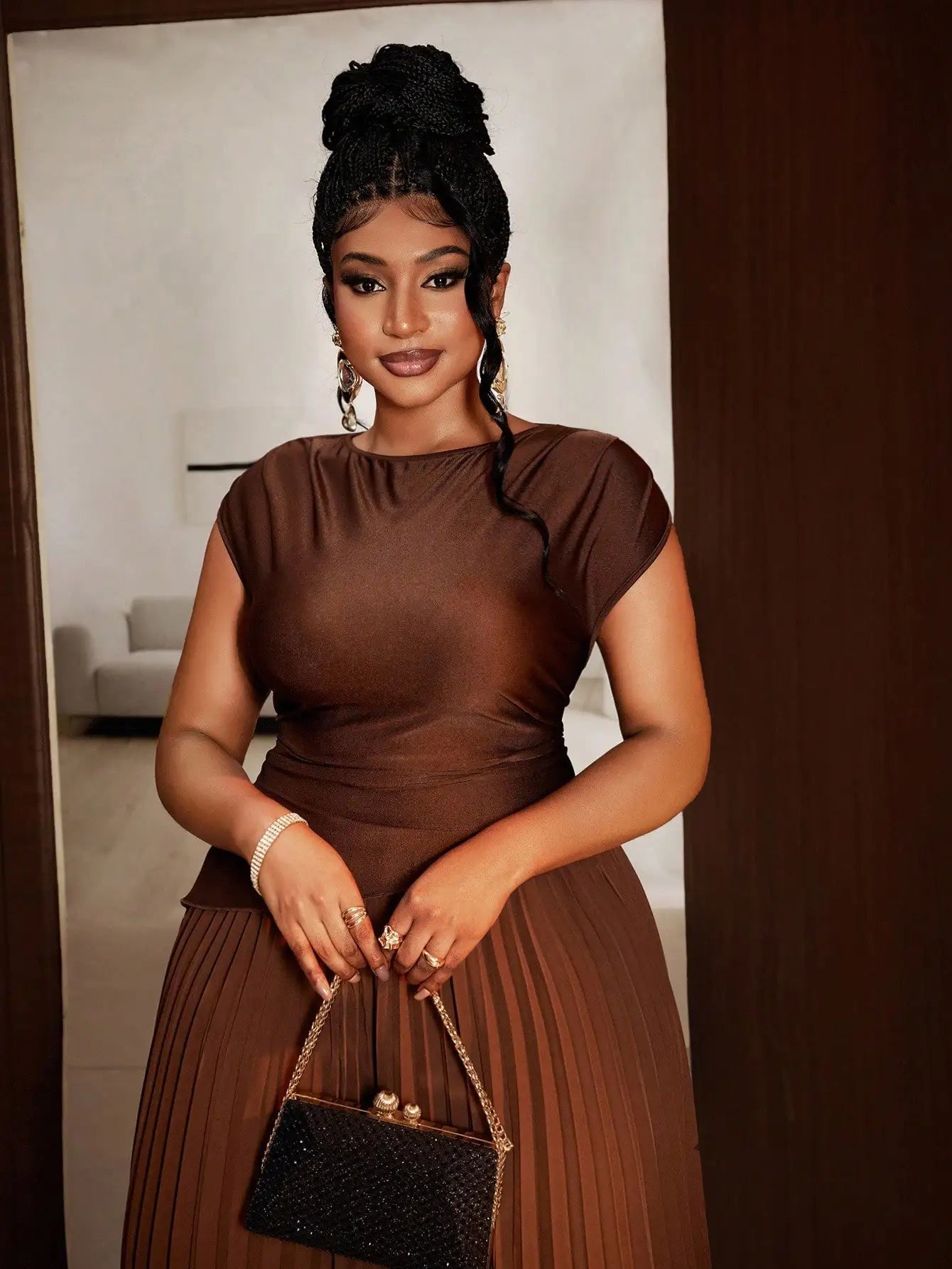 Plus Size Elegant Brown Pleated Maxi Dress