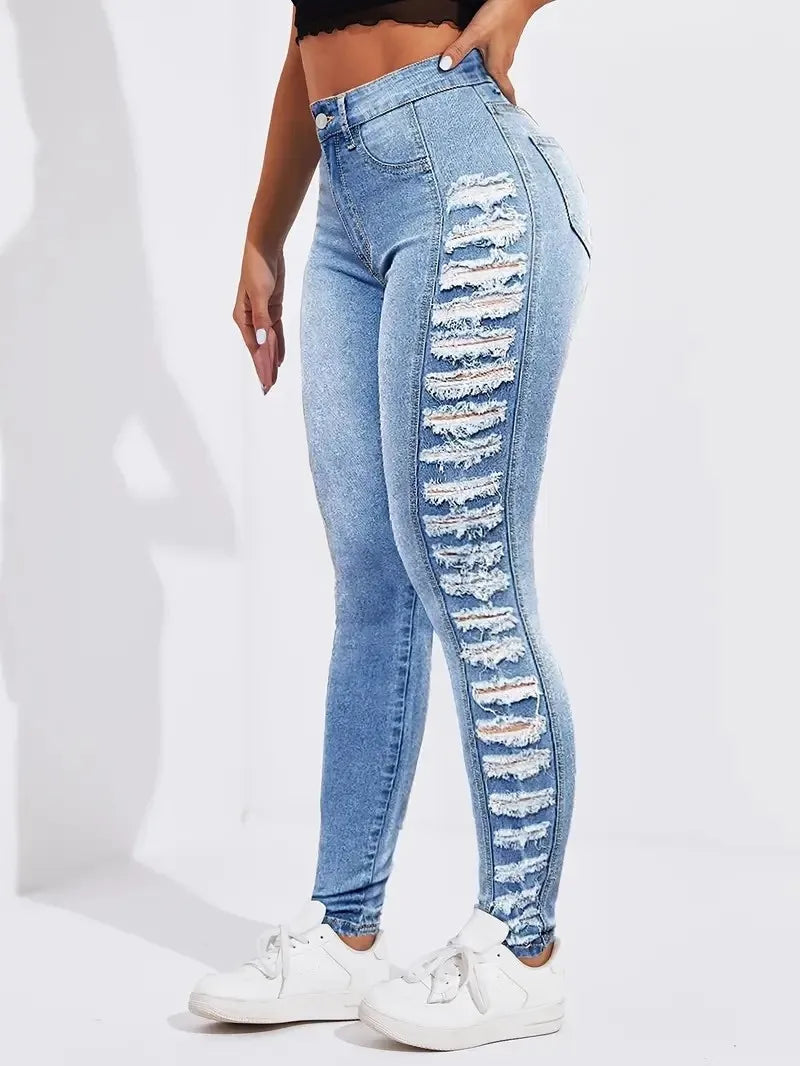 Women's light blue side layered ripped jeans