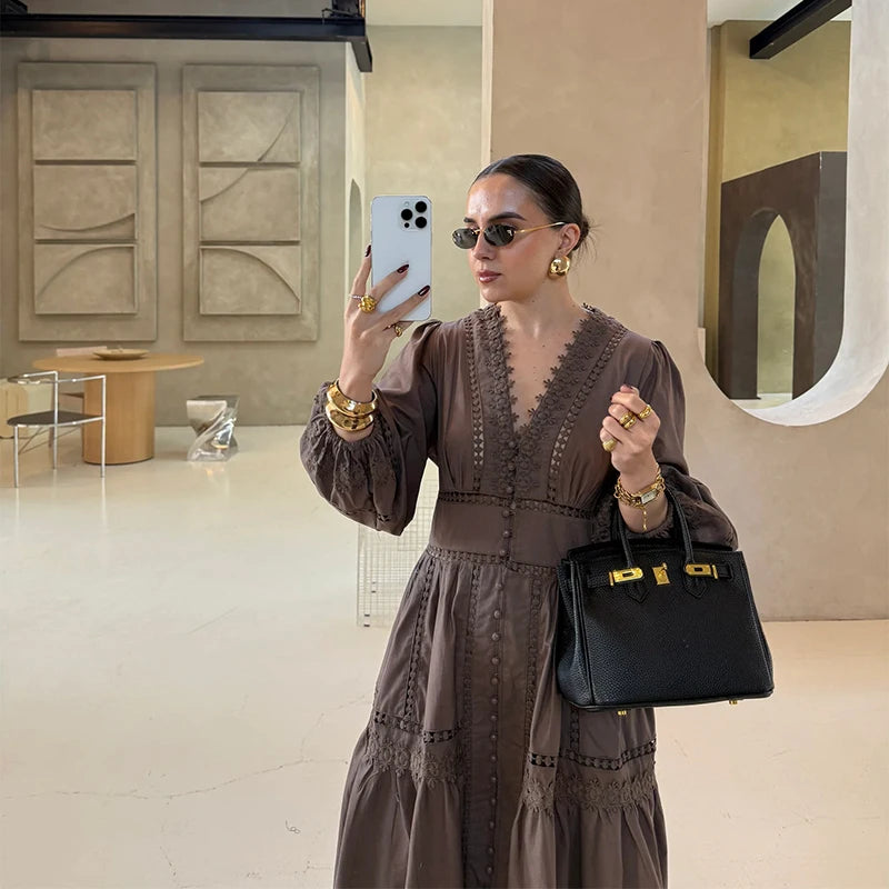 Lace V-neck Full Puff Sleeves Dresses Women