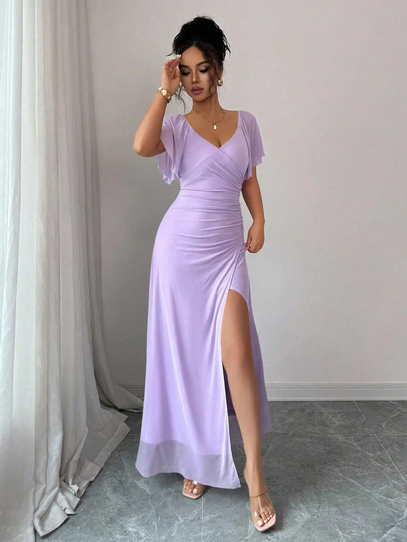 Light Purple V-Neck Ruffle Sleeve Pleated A-Line Split Maxi Dress