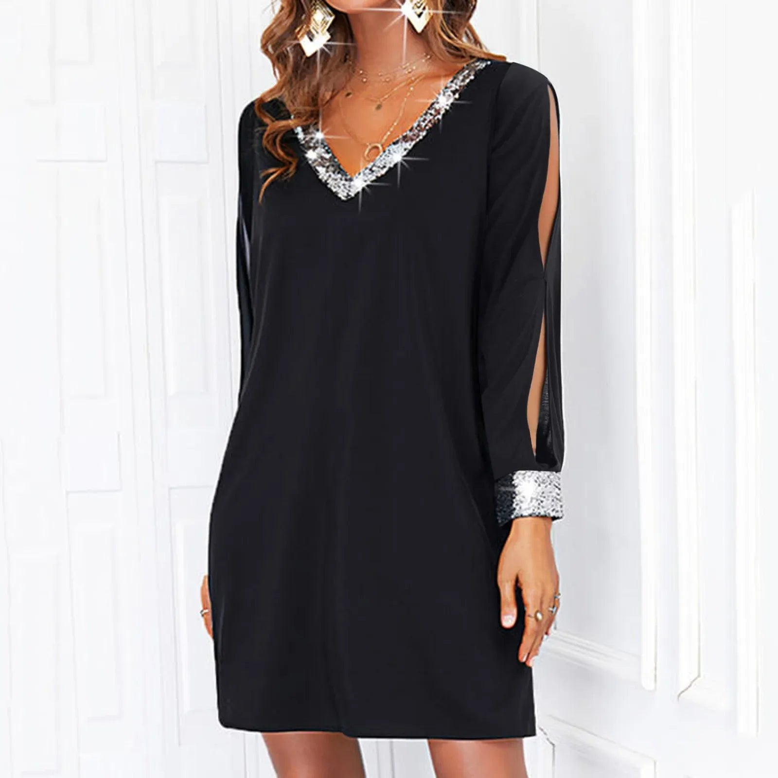 Elegant Shiny Mesh V Neck Mini Dress