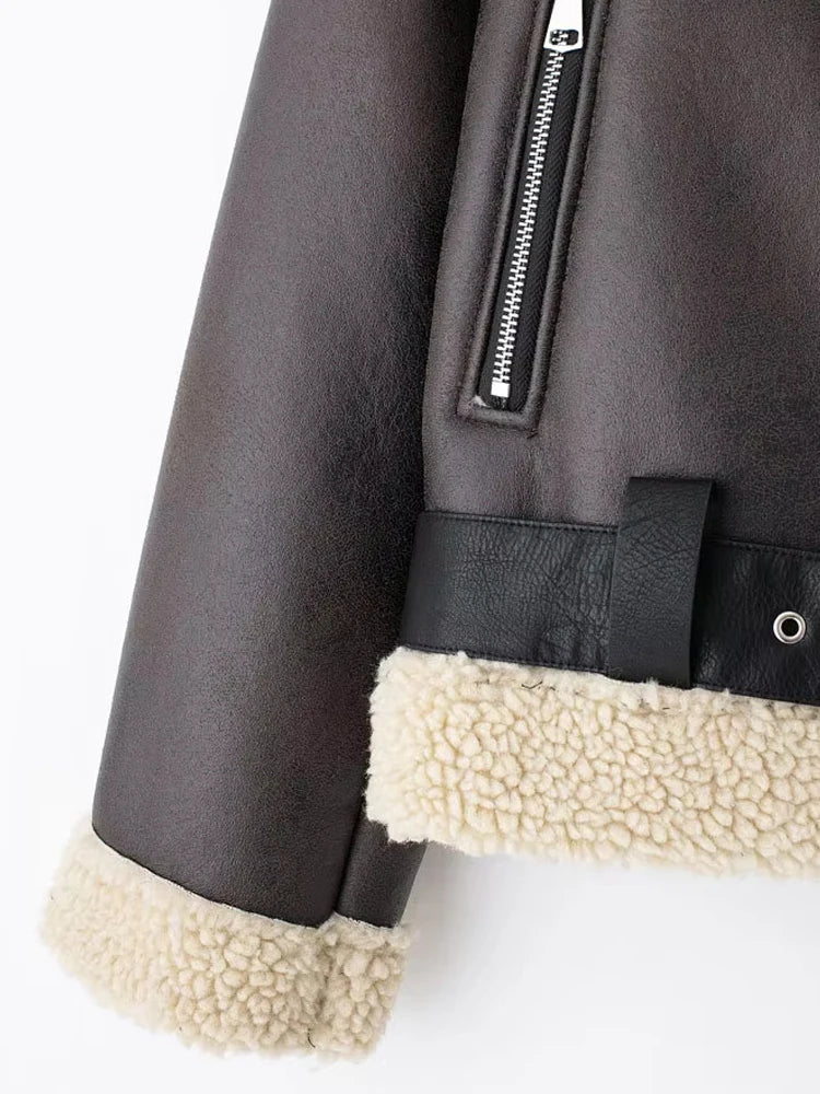 Women's Thick Warm Suede Jacket with Belt