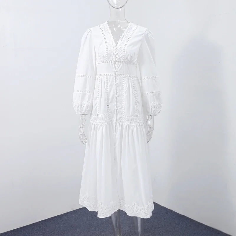 Lace V-neck Full Puff Sleeves Dresses Women