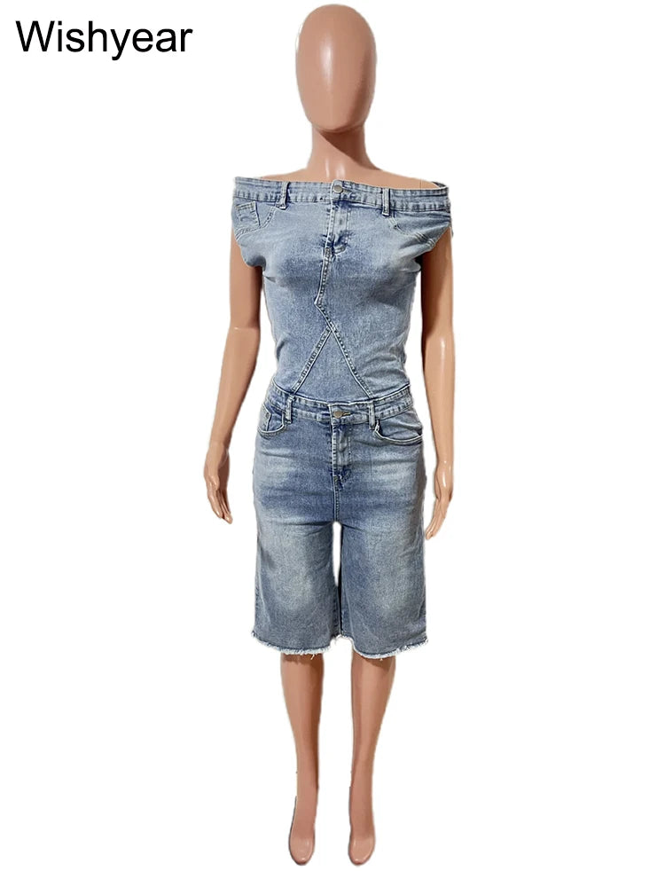 Women's Off-Shoulder Blue Denim Jumpsuit Slash Neck