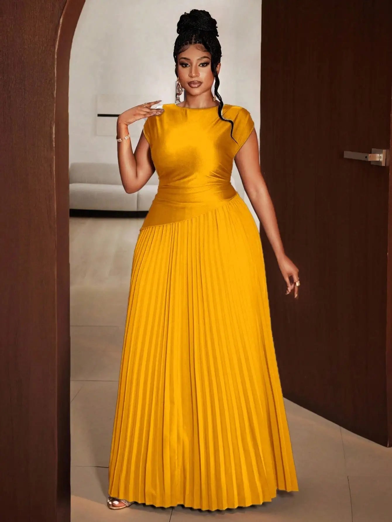 Plus Size Elegant Brown Pleated Maxi Dress