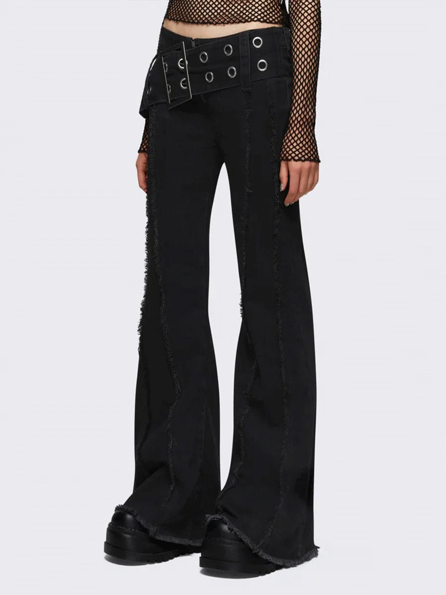 Women's black classic lace-up buckle fur edge stretch jeans
