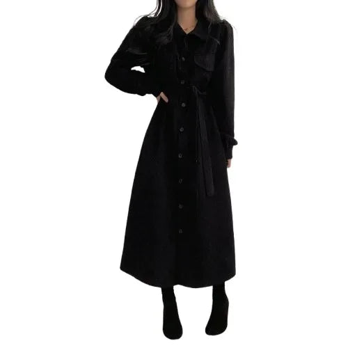 Single-Breasted Fitted Waist Long Corduroy Dress