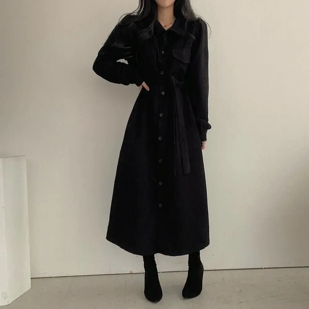 Single-Breasted Fitted Waist Long Corduroy Dress