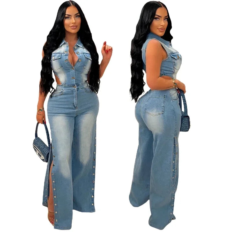 Denim Jumpsuit One Piece Sleeveless Slim Fit