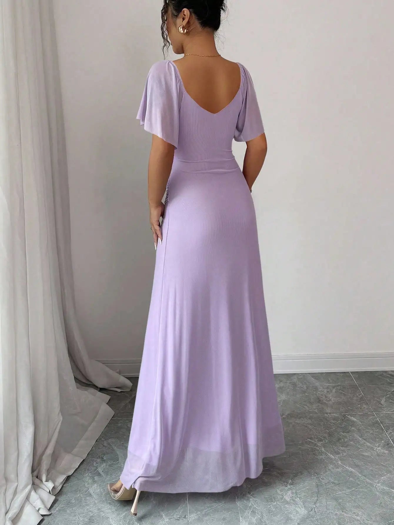 Light Purple V-Neck Ruffle Sleeve Pleated A-Line Split Maxi Dress