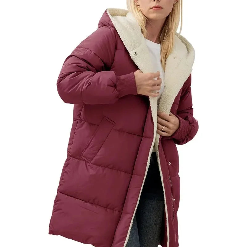 Womens Winter Warm Hooded Puffer Jacket Sherpa Fleece Lined Long Hooded Puffer Jacket
