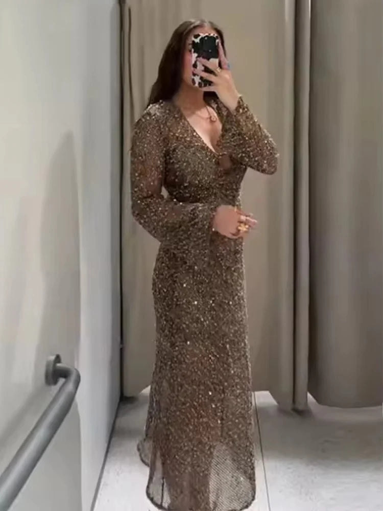 Sexy Sequined Long Pleated Dress