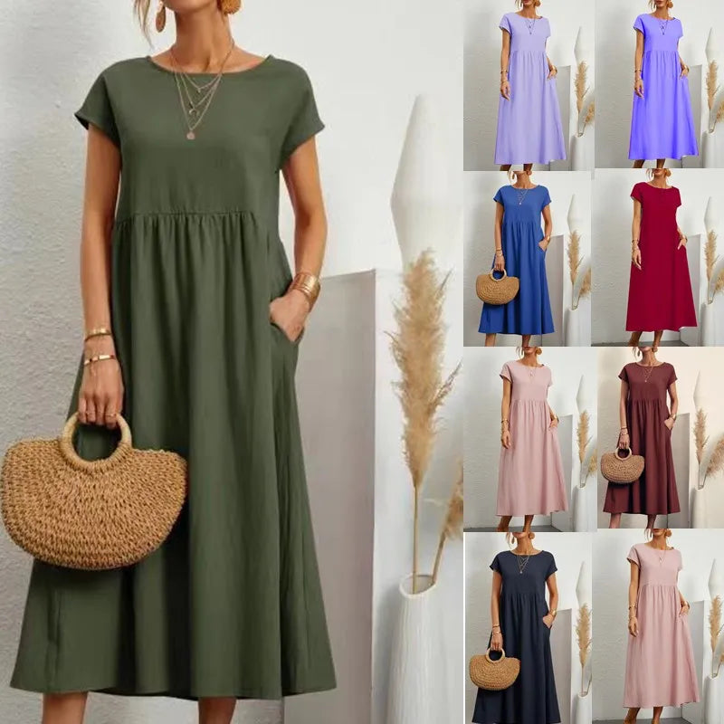 Women Vintage Solid Dress Short Sleeve Cotton Linen Dresses