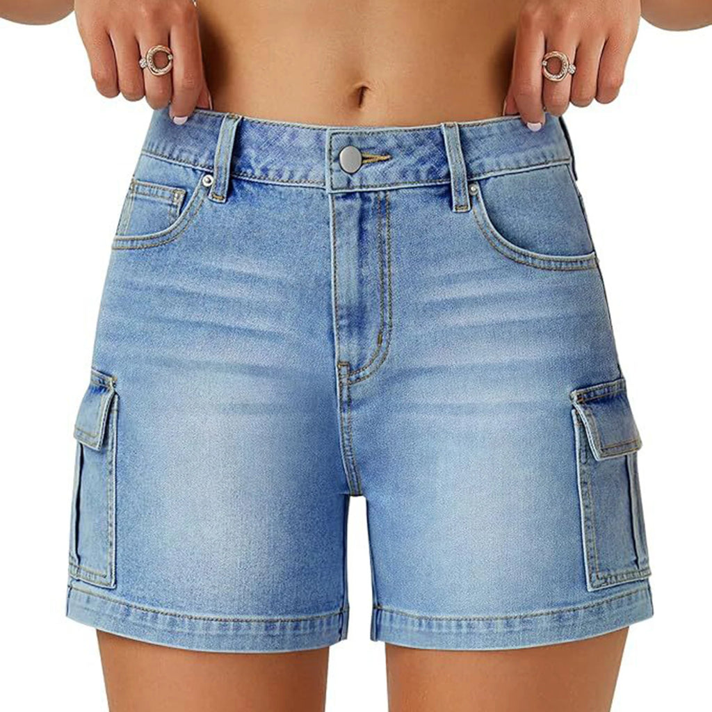 Solid Color Women's  Slim Cargo Denim Shorts