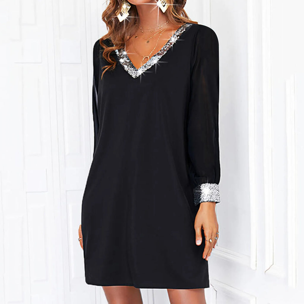 Elegant Shiny Mesh V Neck Mini Dress