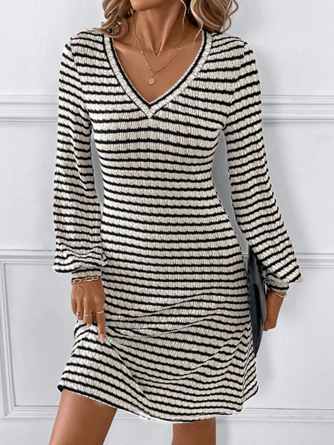 Women's Striped Knit V - Neck Dress