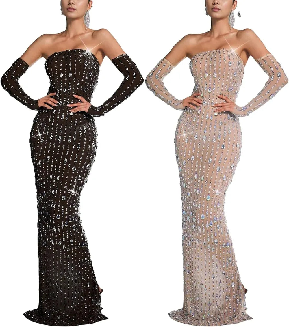 Women's Long Sleeve Mesh Rhinestone See Through Sequined Party Dress