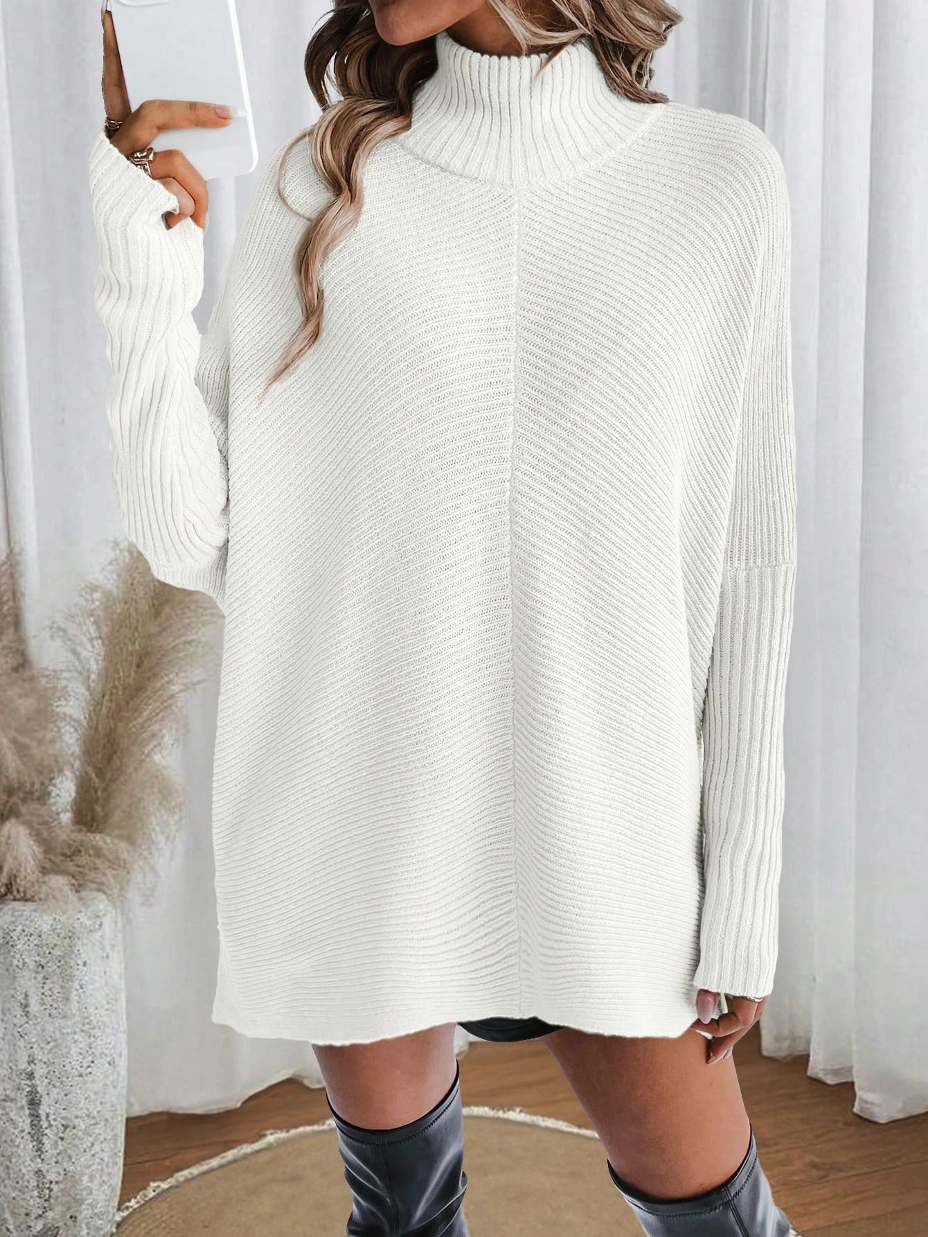 Woman Sweater Irregular Hem Turtleneck Pullover