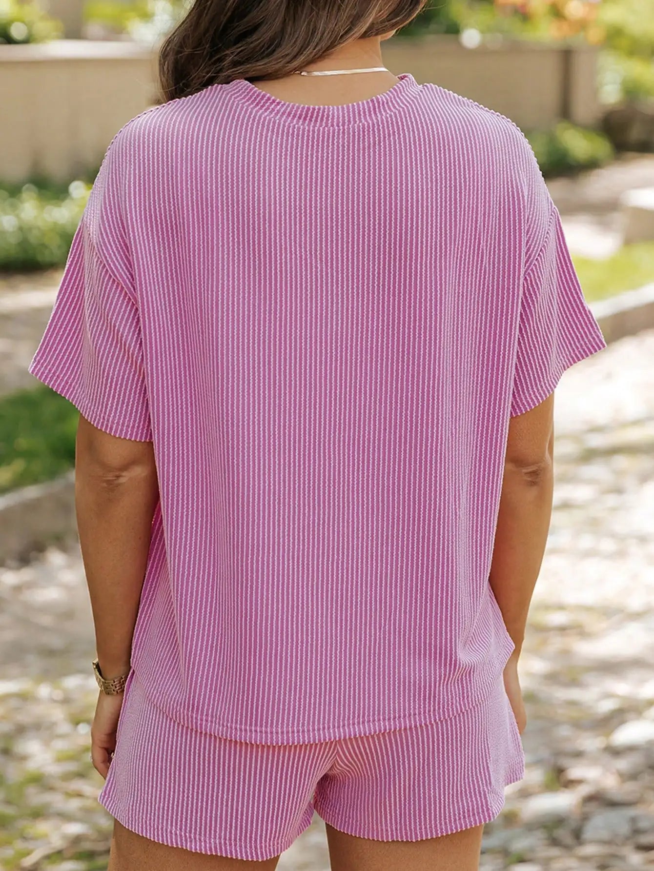 Pink & White Striped Ribbed Knit Loose T-Shirt and Shorts Set