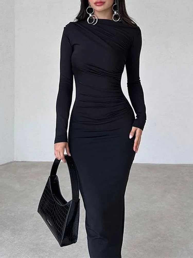 Women Elegant Solid Black Bodycon Maxi Dress