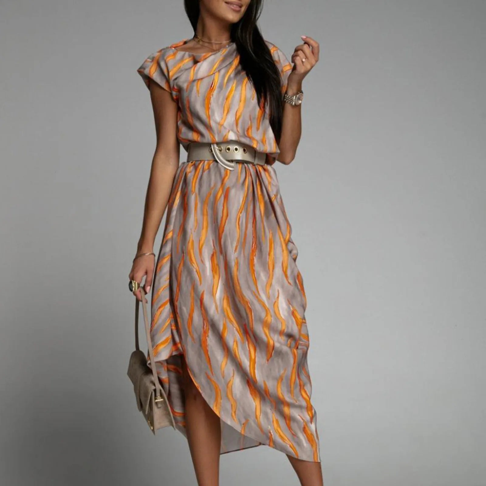 Elegant High-waisted A- line Printed Dress For Women