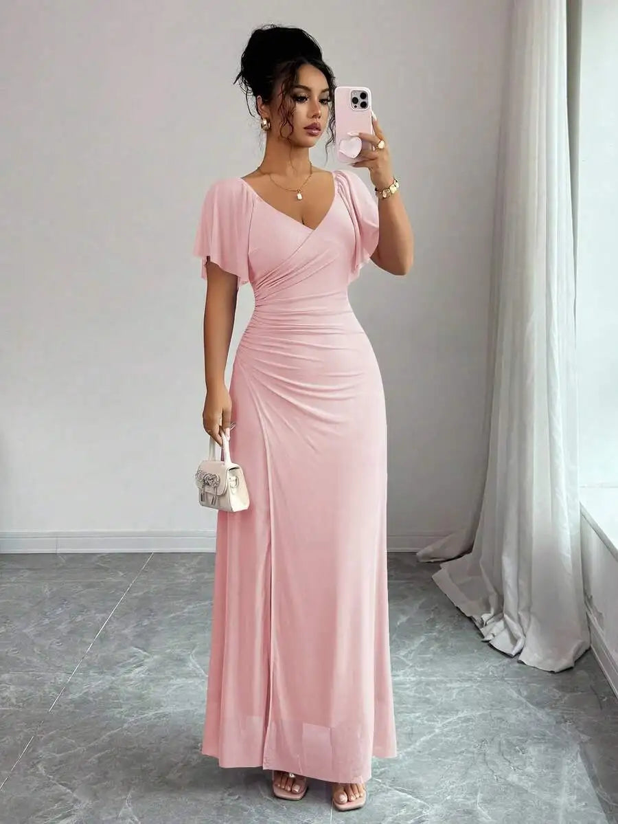 Light Purple V-Neck Ruffle Sleeve Pleated A-Line Split Maxi Dress