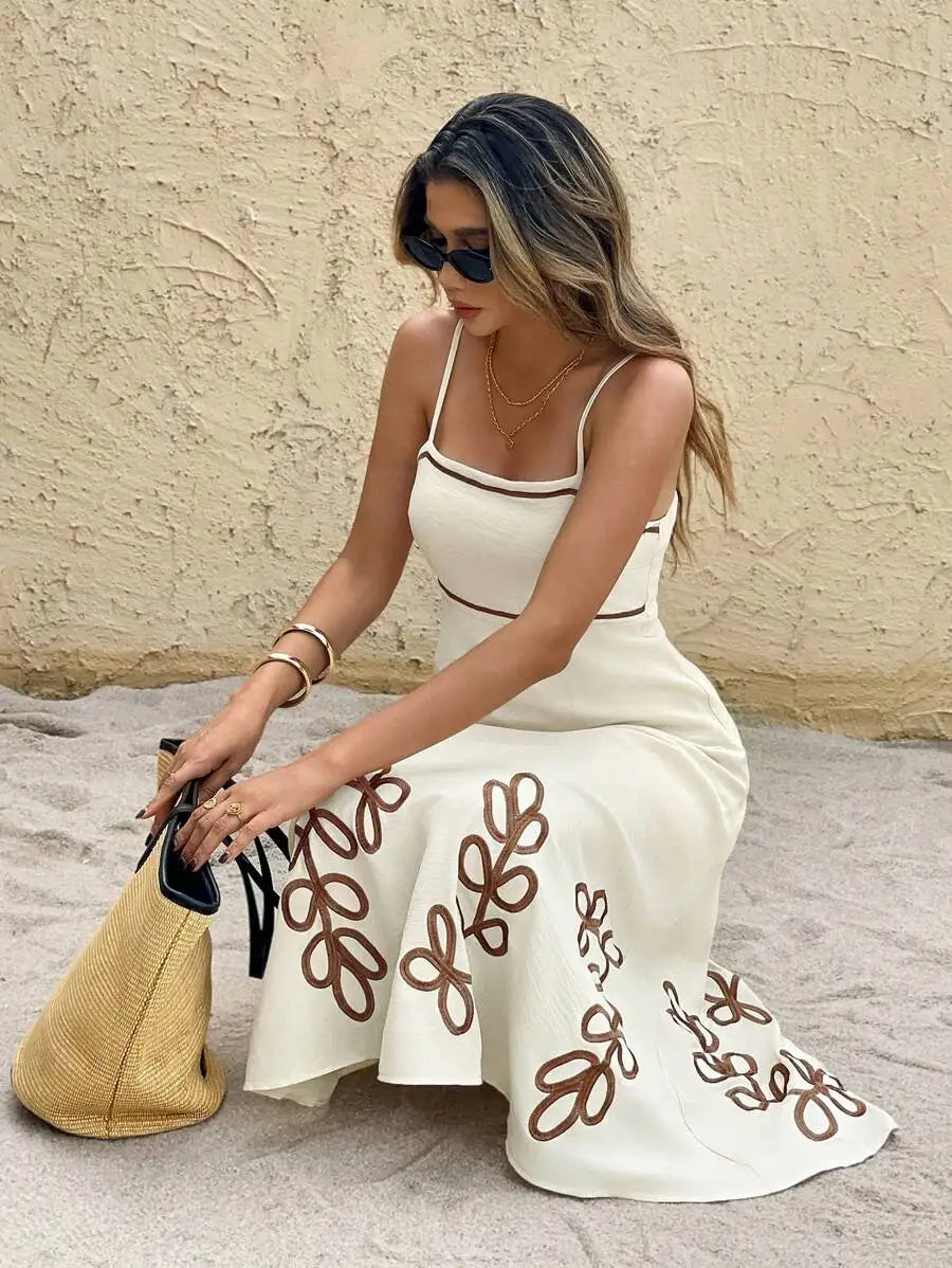 Cream Embroidered Leaf Pattern Spaghetti Strap Midi Dress