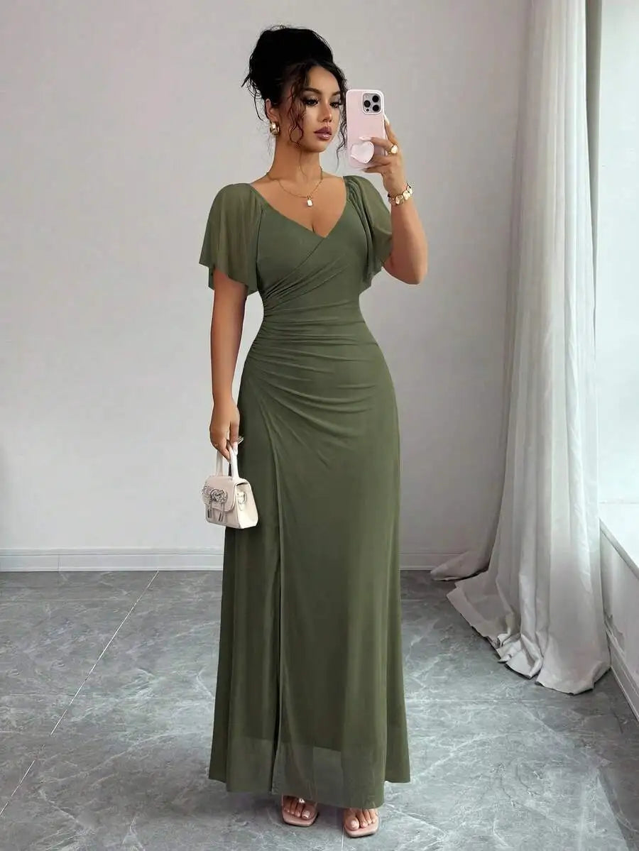 Light Purple V-Neck Ruffle Sleeve Pleated A-Line Split Maxi Dress